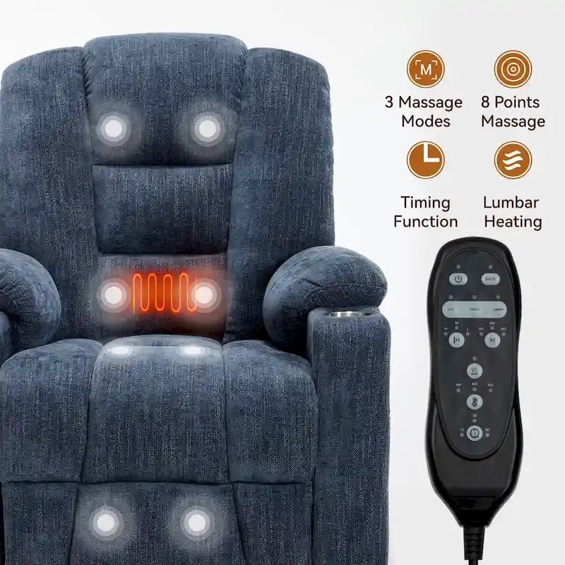 Poltrona Reclinabile Power Lift con Massaggio e Calore, Poltrone Reclinabili Larghe Imbottite Lazy Boy con USB, Porte Type C e 2 Portabicchieri in Acciaio