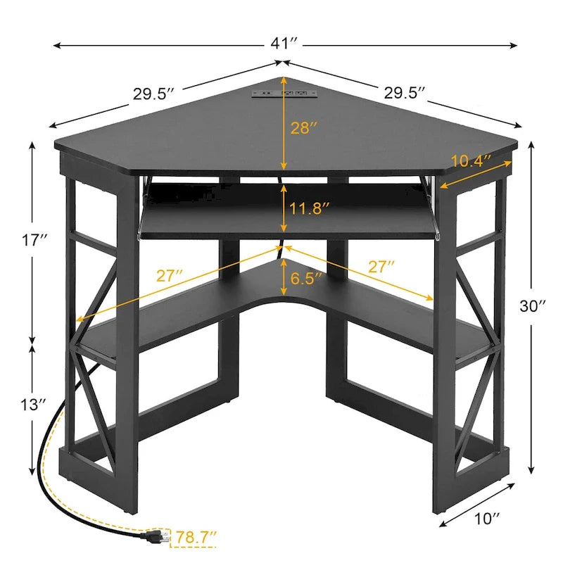 Bureau d'Angle Petit Bureau avec Prises, Table d'Angle pour Petit Espace, Bureau d'Ordinateur avec Ports USB, Bureau Triangle avec Rangement