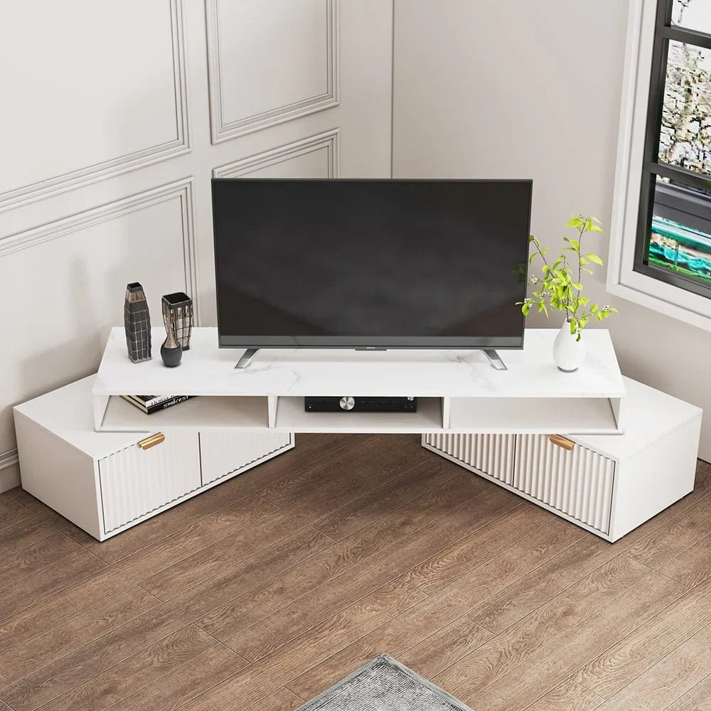Mobile TV angolare con 2 cassetti e vani a giorno, bianco moderno