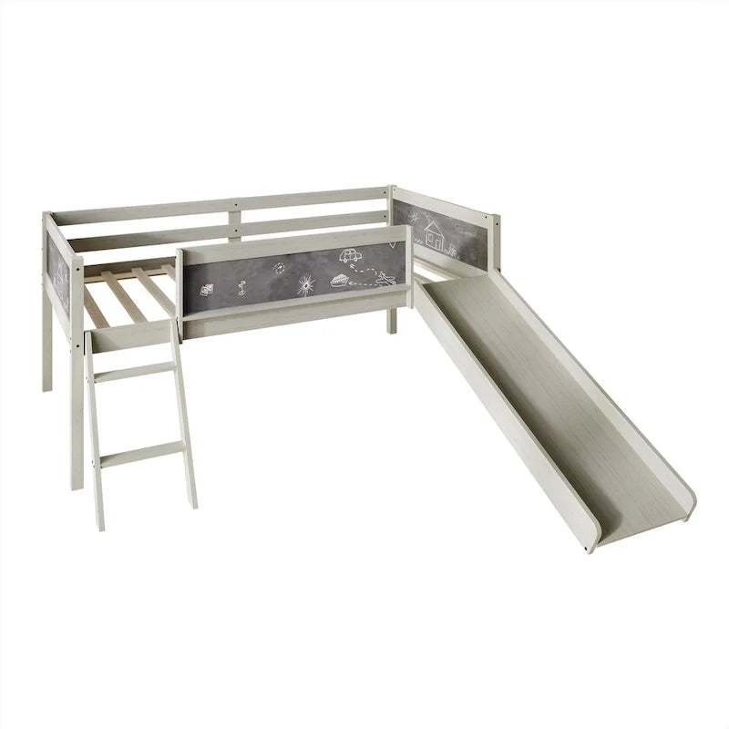 Letto a soppalco basso classico singolo CraftPorch con lavagna, scivolo e scaletta