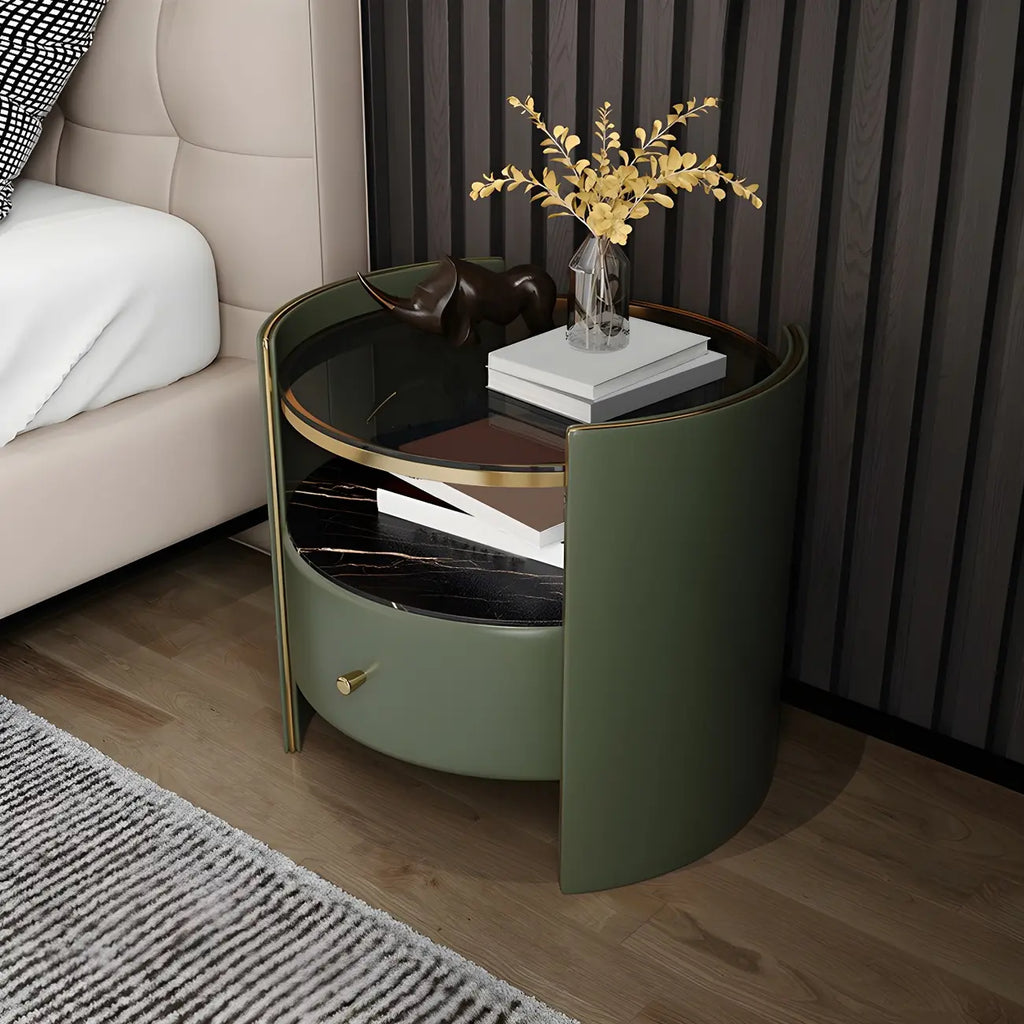 Comodino di Lusso con Piano in Vetro, Cassetto Contenitore e Vano Aperto