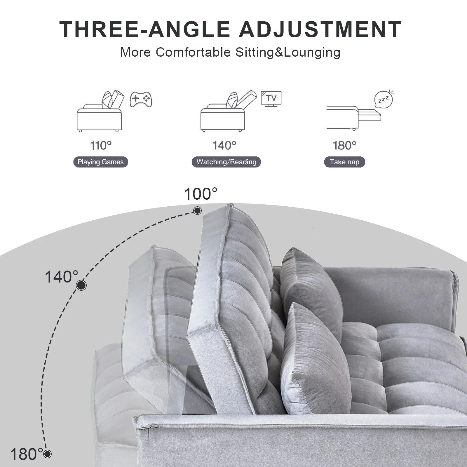 Moderno divano letto estraibile, divano letto 3-in-1 con schienale regolabile, divanetto in velluto, cuscini e tasche laterali