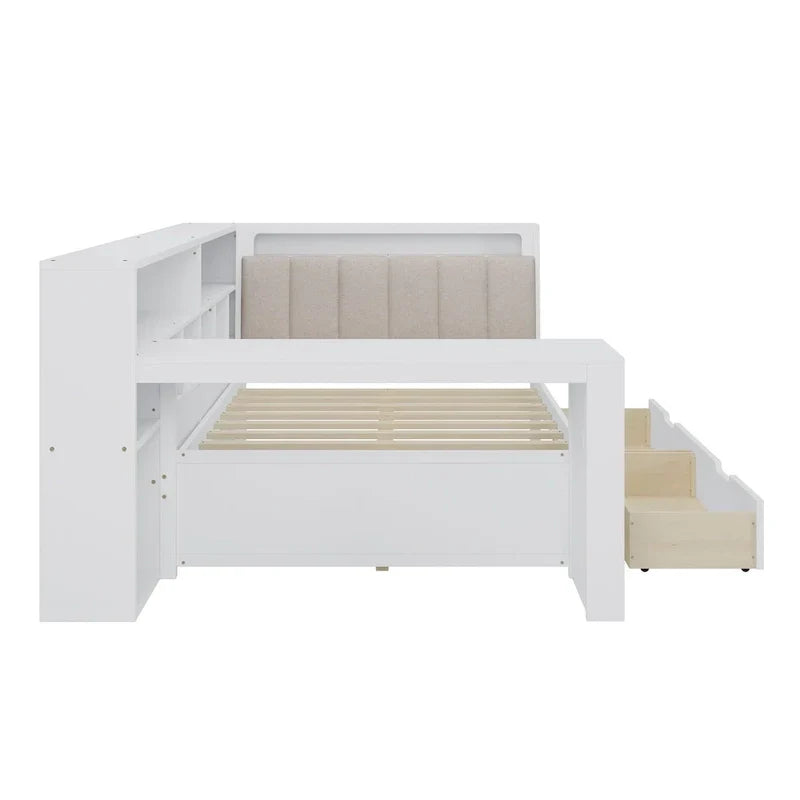 Divano Letto a "L" in Legno con Scrivania, Mobile Libreria, Letto Angolare con Cassetti Sottostanti, Testiera Imbottita con Luce Integrata