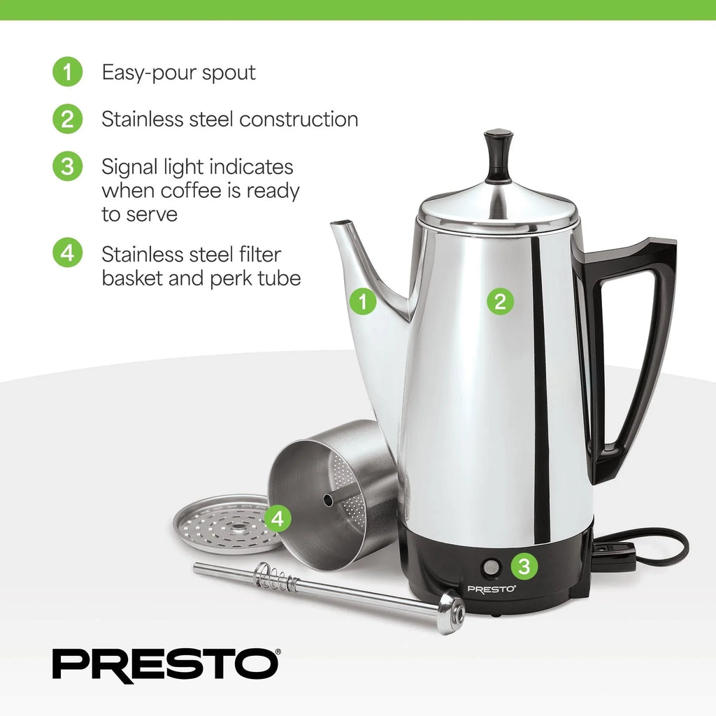 Caffettiera in acciaio inox Presto, percolatore robusto da 12 tazze, colore argento - 2.79