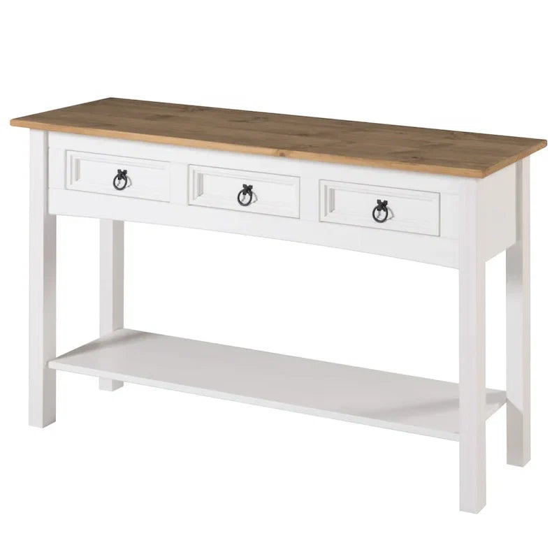 Tavolo Consolle Rustico in Pino Massiccio per Ingresso, Bianco Decapato / Marrone Antico / Grigio Decapato / Non Verniciato, 3 Cassetti