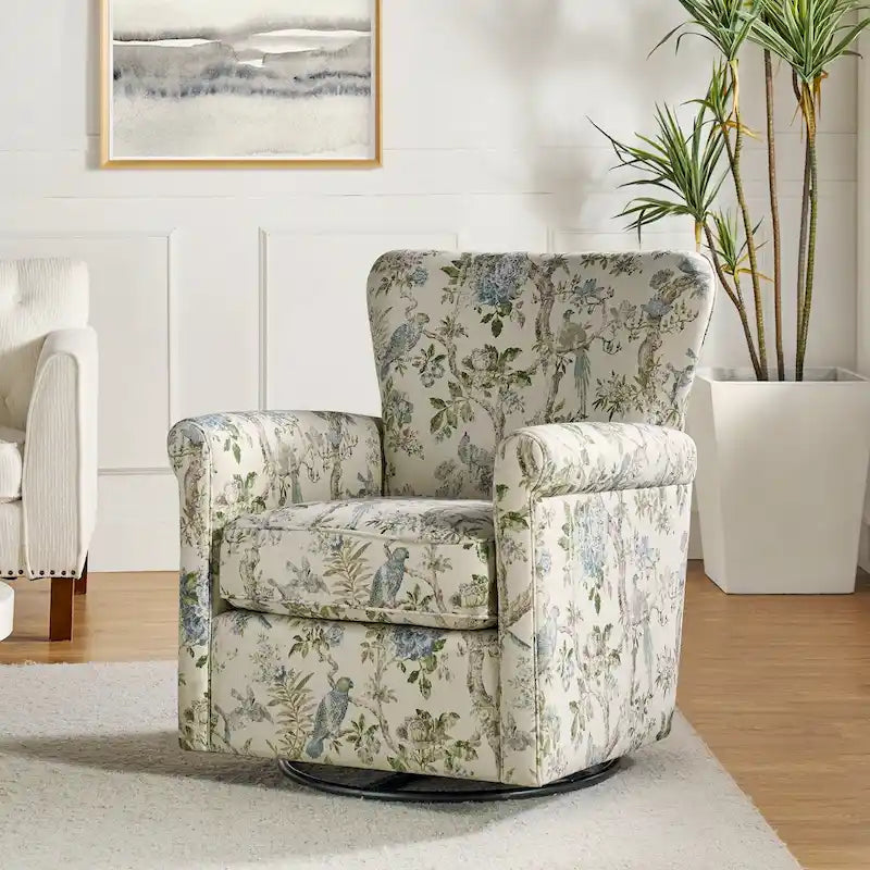 Poltrona girevole a dondolo Georg Comfortable Floral Fabric con braccioli arrotolati di HULALA HOME