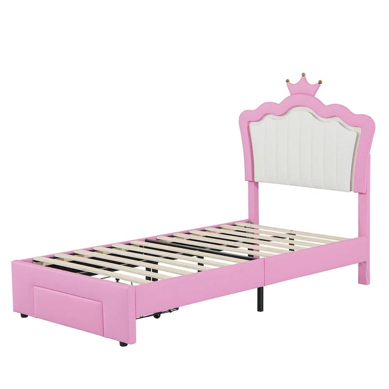 Letto Imbottito Singolo con Luci LED, Letto Imbottito Moderno da Principessa con Testiera a Corona, un Cassetto, Rosa+Bianco