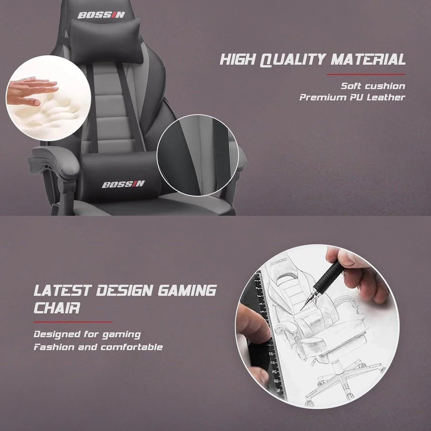 Sedia da gaming BOSSIN Racing Style, sedia da gamer per persone robuste fino a 136 kg, sedia da computer con schienale alto