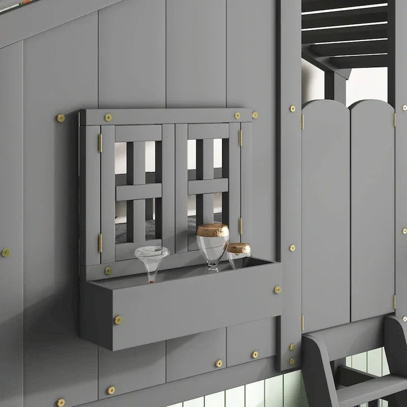 Letto a castello a casetta singolo su singolo con tetto, finestra, fioriera, porta, con sponde di sicurezza e scaletta, Grigio