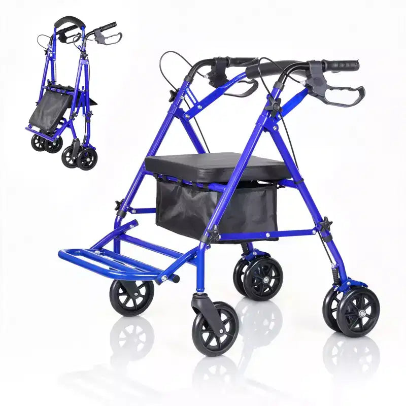 Sedia a rotelle pieghevole portatile per adulti, capacità 135 kg, 6 ruote, altezza regolabile, vano portaoggetti sotto il sedile, sedile comodo e pedale poggiapiedi