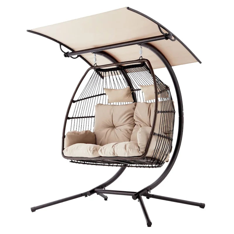 Dondolo a due posti da esterno con supporto, sedia sospesa pieghevole, cuscino per amaca e tendalino, doppia sedia a uovo - Beige