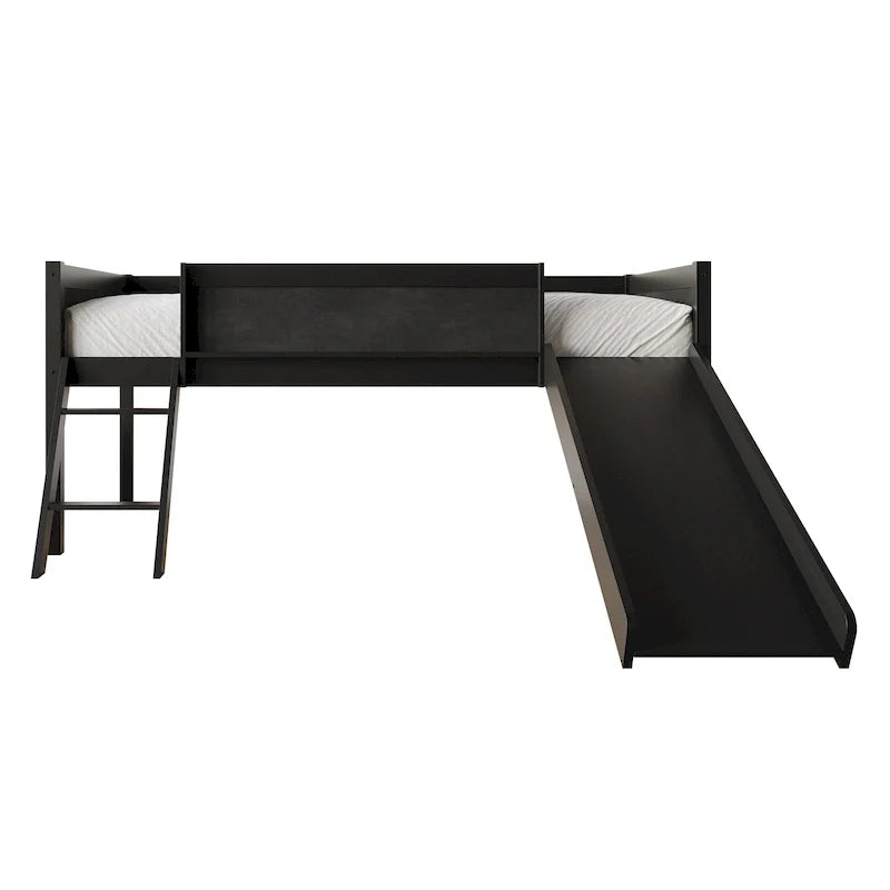 Letto a soppalco basso classico singolo CraftPorch con lavagna, scivolo e scaletta