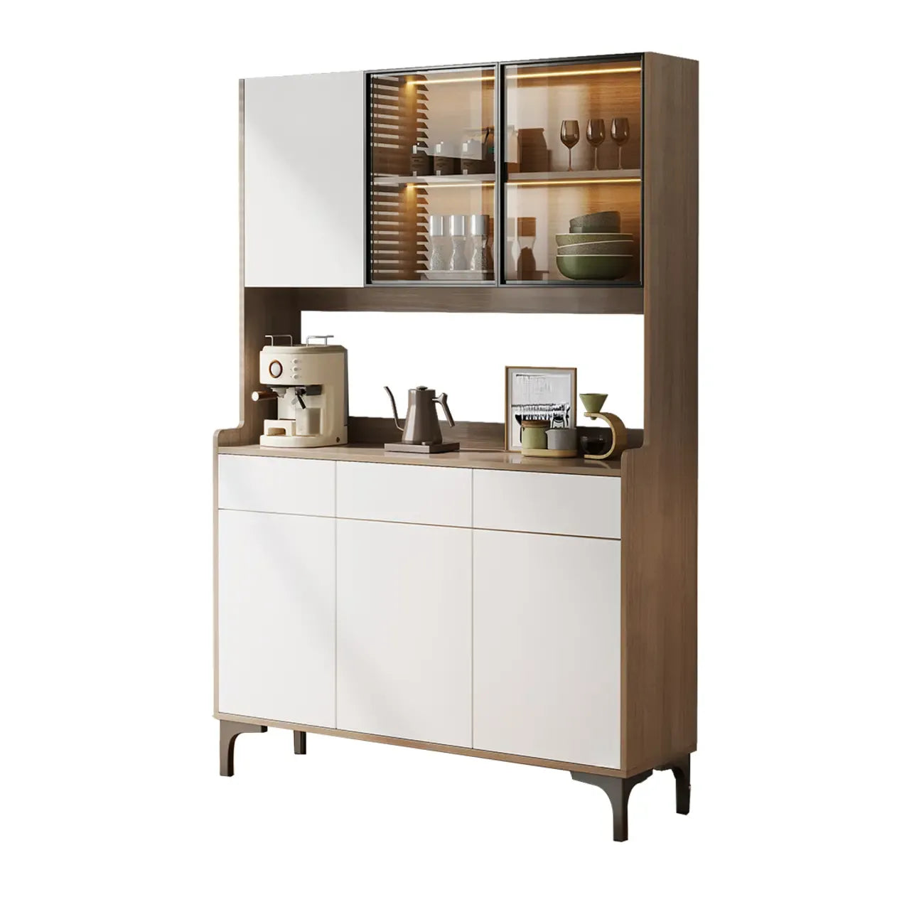 Credenza grande in legno e vetro con alzata superiore