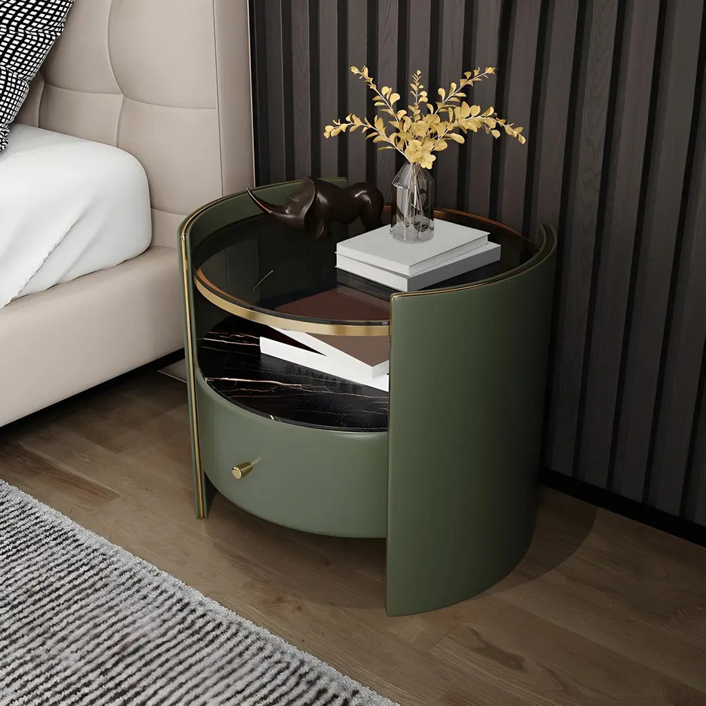 Comodino di Lusso con Piano in Vetro, Cassetto Contenitore e Vano Aperto
