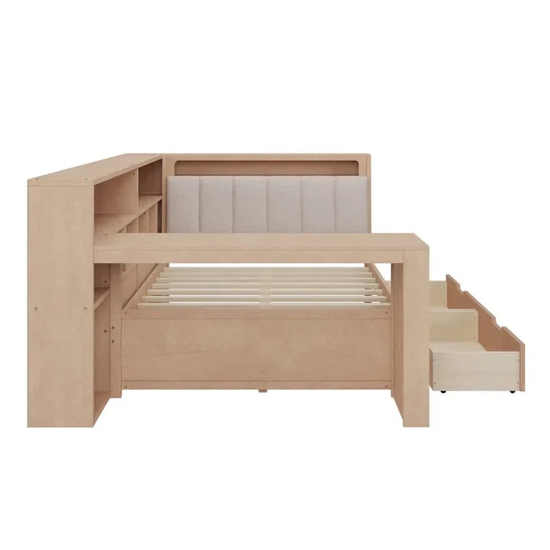 Divano Letto a "L" in Legno con Scrivania, Mobile Libreria, Letto Angolare con Cassetti Sottostanti, Testiera Imbottita con Luce Integrata