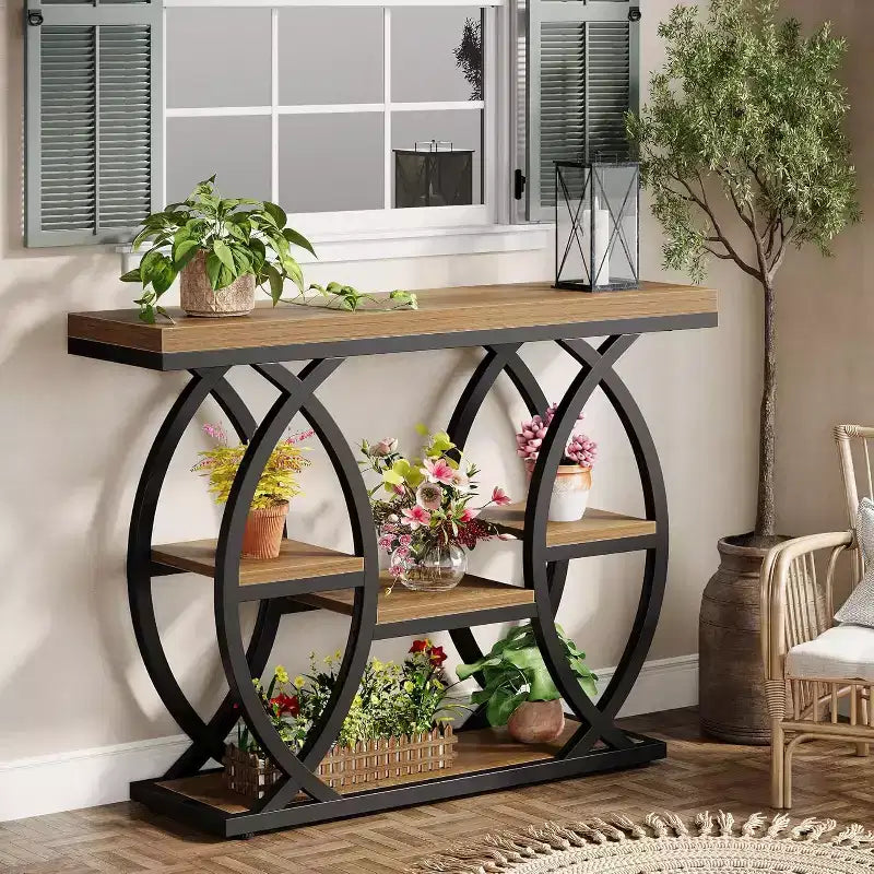Table console Lantine 39.4, table de canapé industrielle à 4 niveaux Table d'entrée avec étagères de rangement et cadre en métal pour petits espaces, couloir, foyer, marron