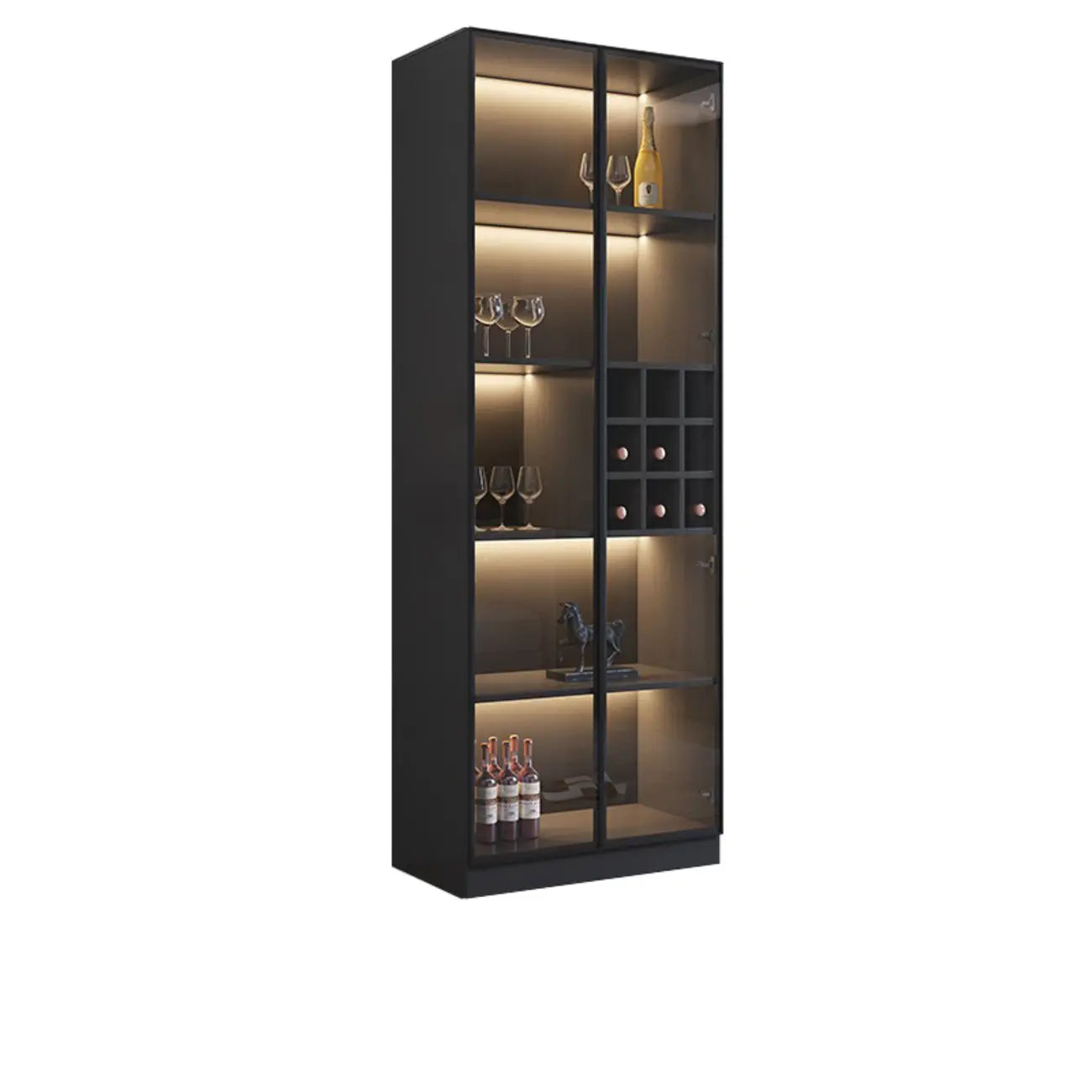 Mobile portabottiglie minimalista in legno nero con anta in vetro