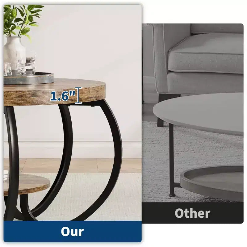 Tavolino Industriale Rotondo da 30 Pollici a 2 Livelli con Piedini Regolabili Ripiano Effetto Legno Design Fiamma Facile da Montare Soggiorno