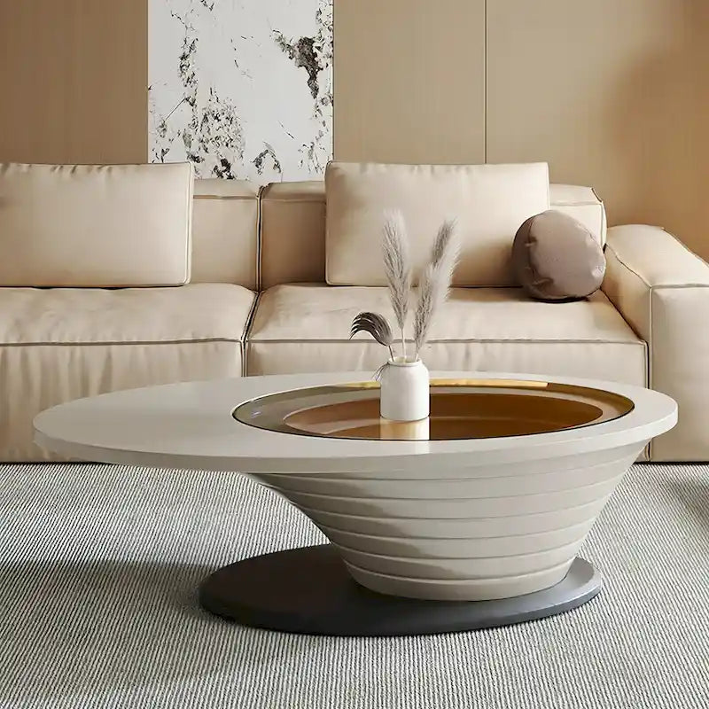 Tavolino da caffè ovale con piano in vetro, base grigia, stile moderno minimalista lussuoso e leggero, 130 cm - L 130 cm L 65 cm A 36,5 cm