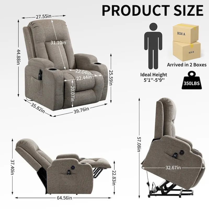 Poltrona reclinabile Power Lift, poltrona massaggiante moderna a motore singolo con riscaldamento lombare, porta di ricarica USB, portabicchieri