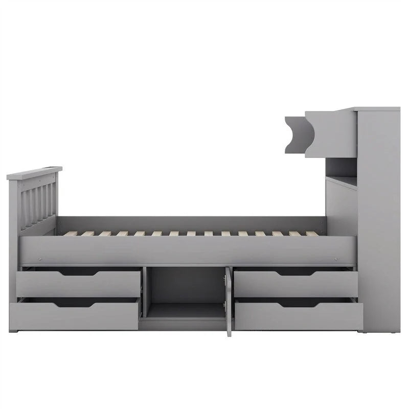 Letto a piattaforma Twin/Full Size Captain con 4 cassetti e mensole portaoggetti, struttura letto in legno massello con testiera libreria contenitore