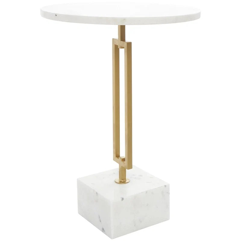 Tavolino d'appoggio/laterale geometrico in marmo con base rettangolare in metallo dorato - Bianco