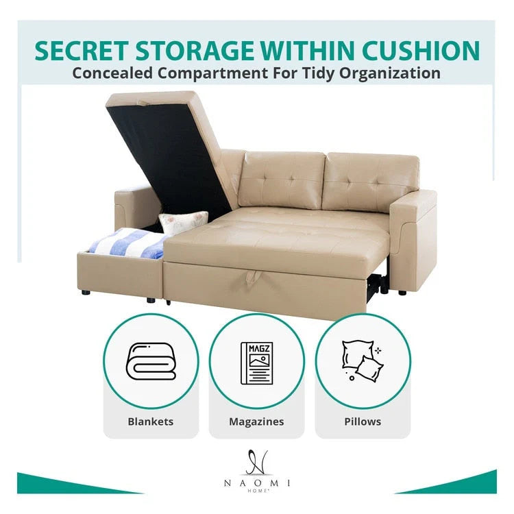 Divano sezionale reversibile con letto estraibile, chaise longue con contenitore nascosto, gambe durevoli,