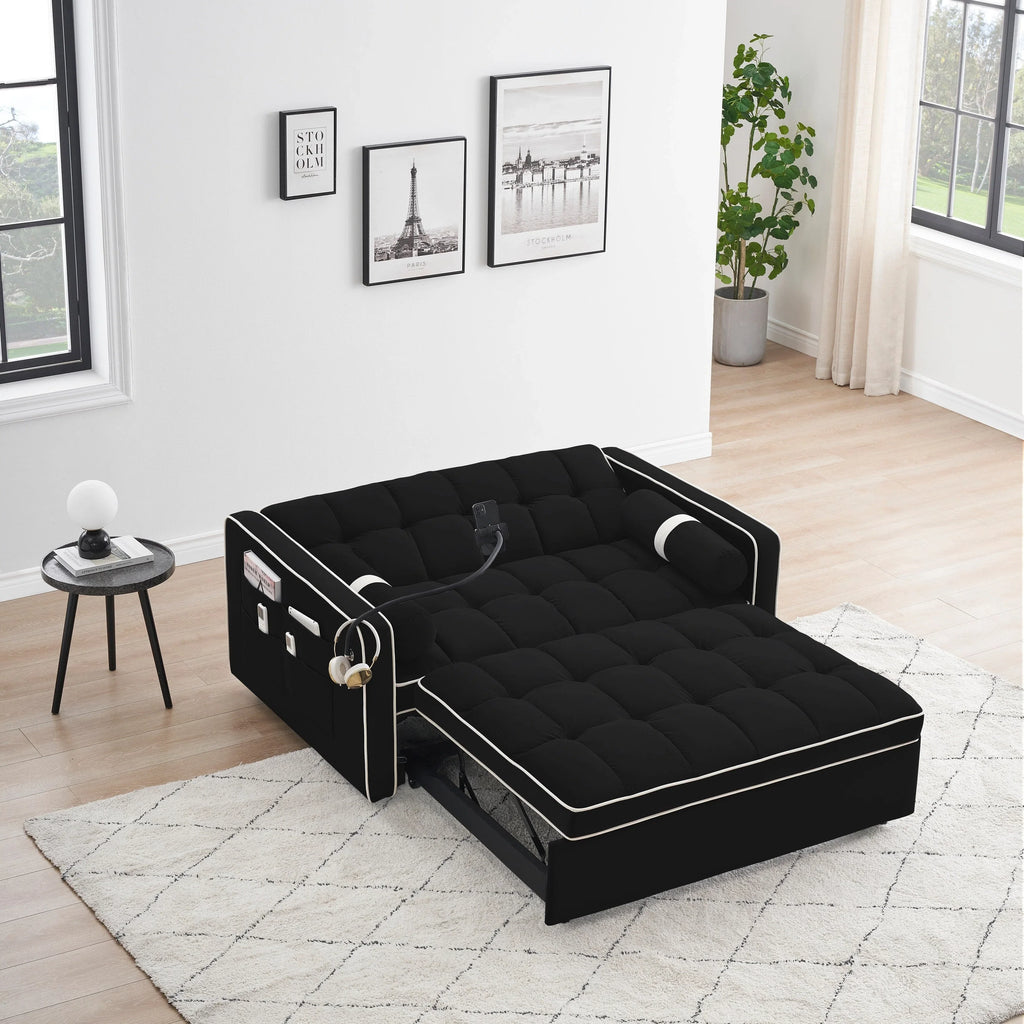 Divano letto trasformabile a 2 posti in velluto da 140 cm con letto estraibile, reclinabile, tasche laterali e supporto per telefono