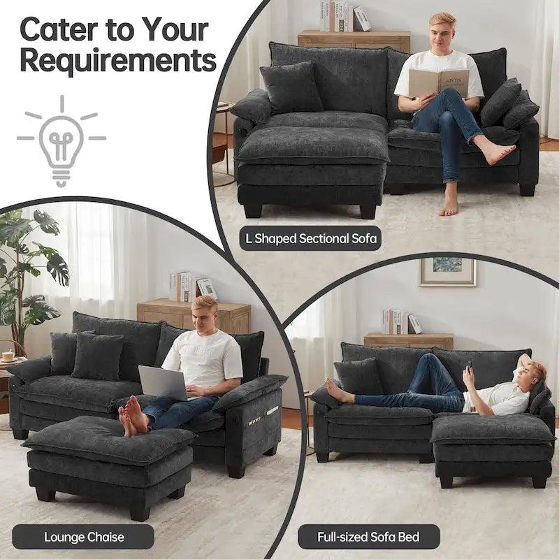 Divano Sezionale Modulare, Comodo Divano Sezionale Cloud con Pouf, Divano Letto a Seduta Profonda per Soggiorno