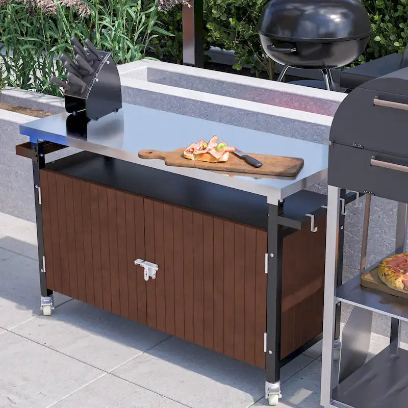 Carrello per Barbecue da Esterno con Piano in Acciaio Inox (sgabello non incluso)