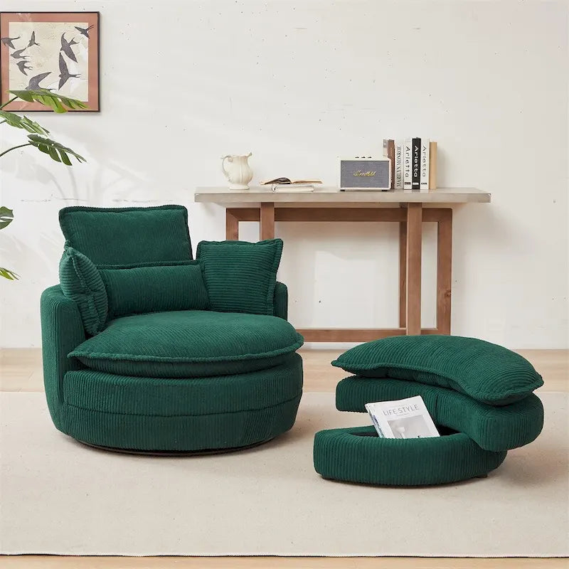 Poltrona girevole oversize con pouf contenitore Moon con 4 cuscini