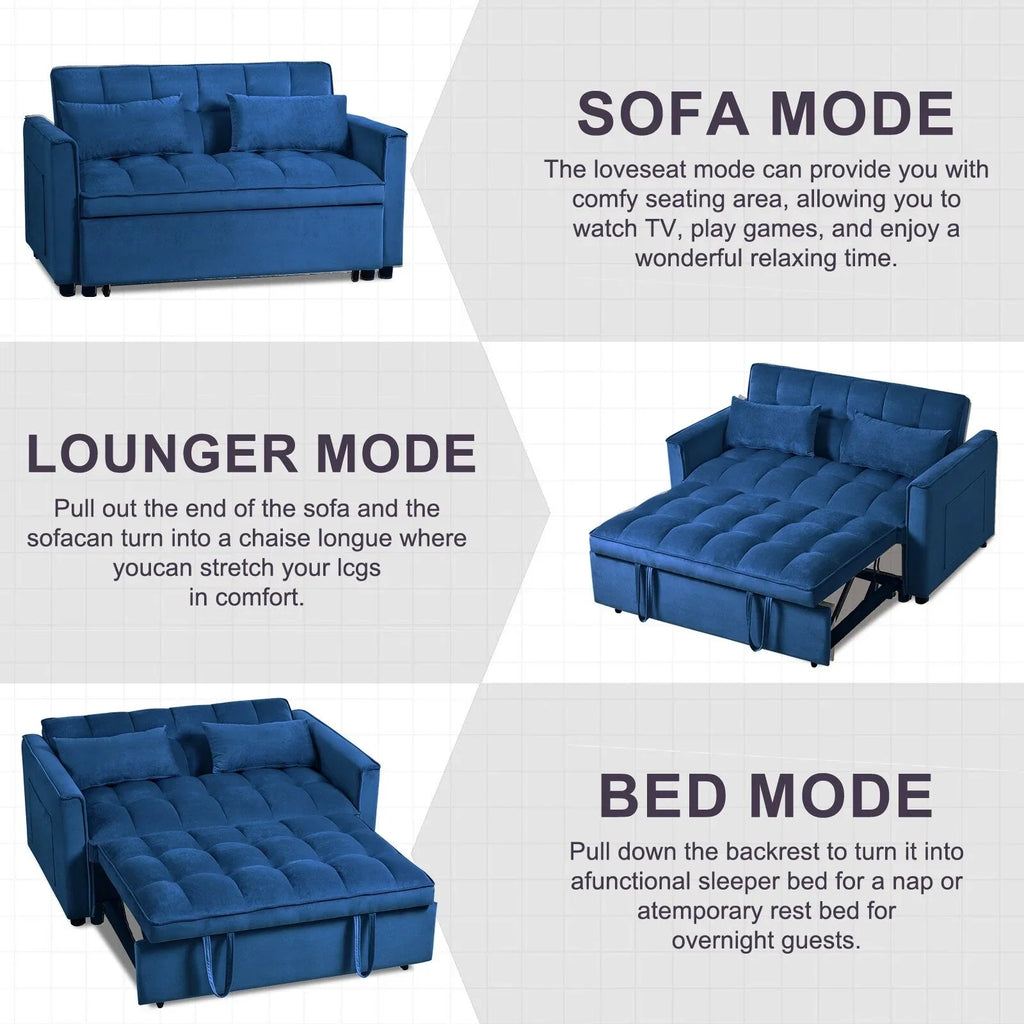 Moderno divano letto estraibile, divano letto 3-in-1 con schienale regolabile, divanetto in velluto, cuscini e tasche laterali
