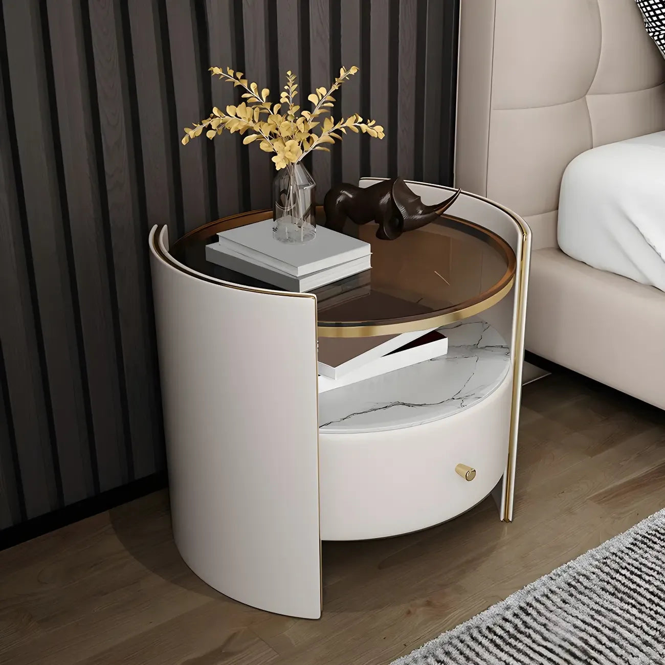 Comodino di Lusso con Piano in Vetro, Cassetto Contenitore e Vano Aperto