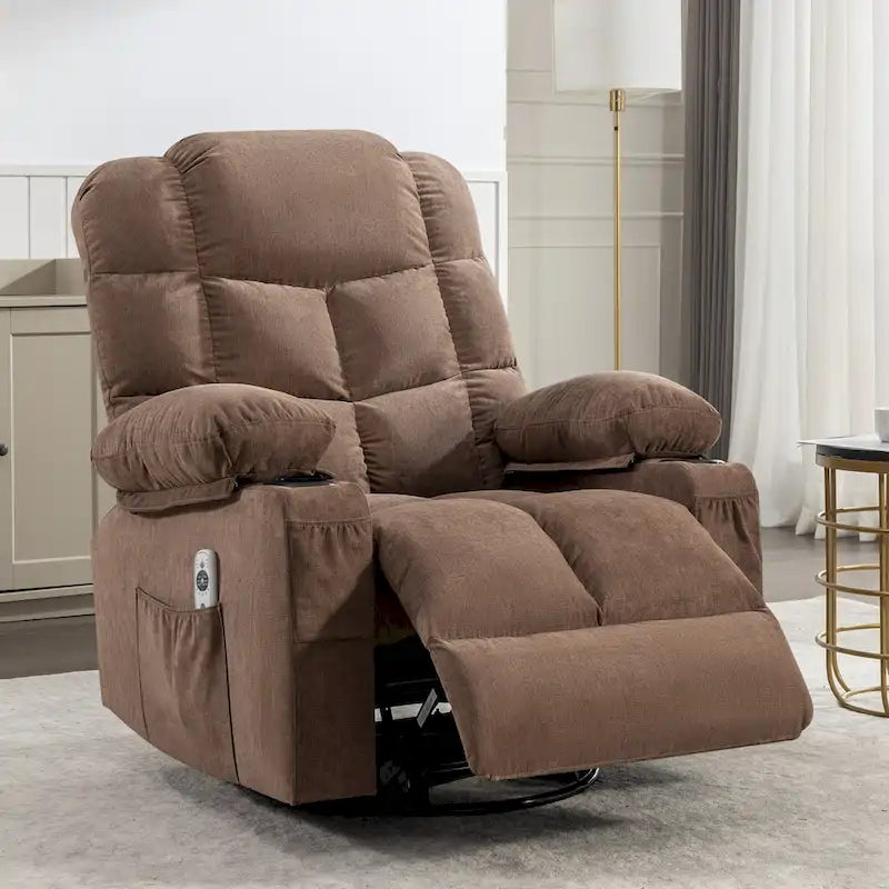Poltrona reclinabile oversize grigia con calore e massaggio, reclinazione a 150°, oscillazione a 30°, ricarica USB e 2 portabicchieri