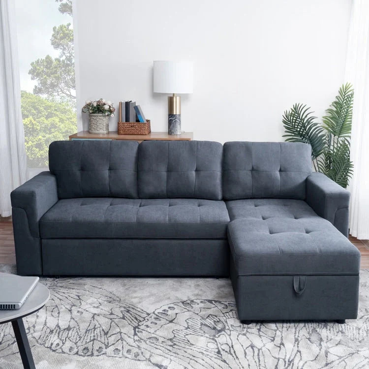 Divano componibile convertibile reversibile con letto estraibile, chaise longue con contenitore nascosto e gambe durevoli