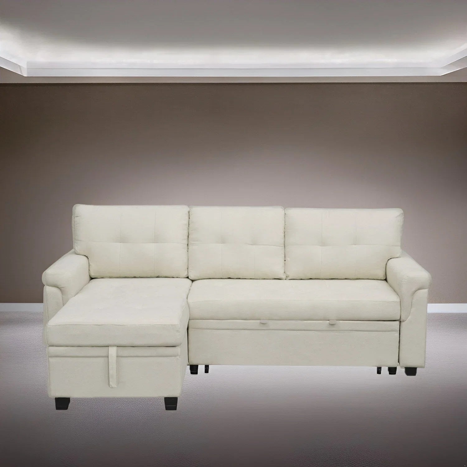 Divano sezionale reversibile con letto estraibile, chaise longue con contenitore nascosto, gambe durevoli,