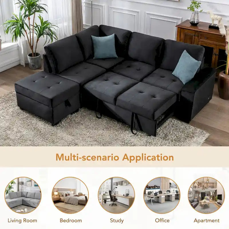 Divano sezionale a L a 5 posti con funzione letto, con pouf contenitore, vano contenitore nel bracciolo e ricarica USB per soggiorno, 84,75 pollici