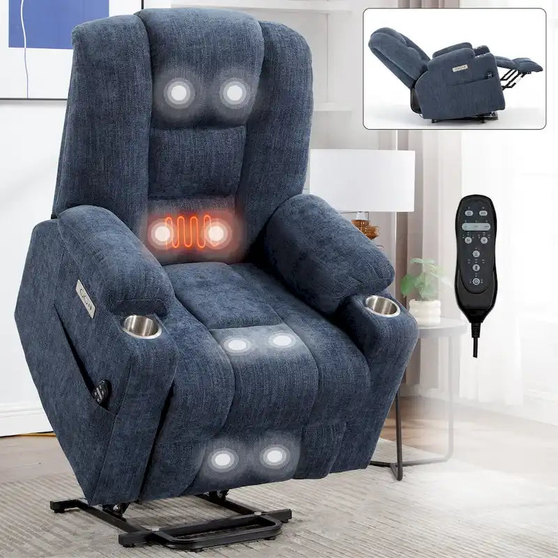 Poltrona Reclinabile Power Lift con Massaggio e Calore, Poltrone Reclinabili Larghe Imbottite Lazy Boy con USB, Porte Type C e 2 Portabicchieri in Acciaio