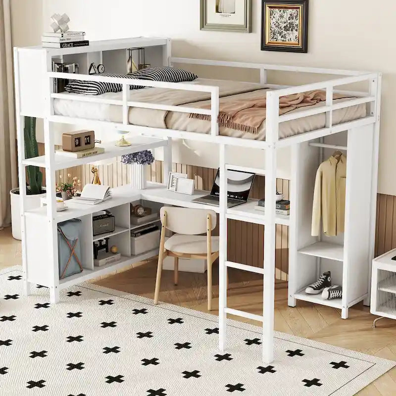 Letto a soppalco in metallo Off-White con scrivania e armadio - Matrimoniale