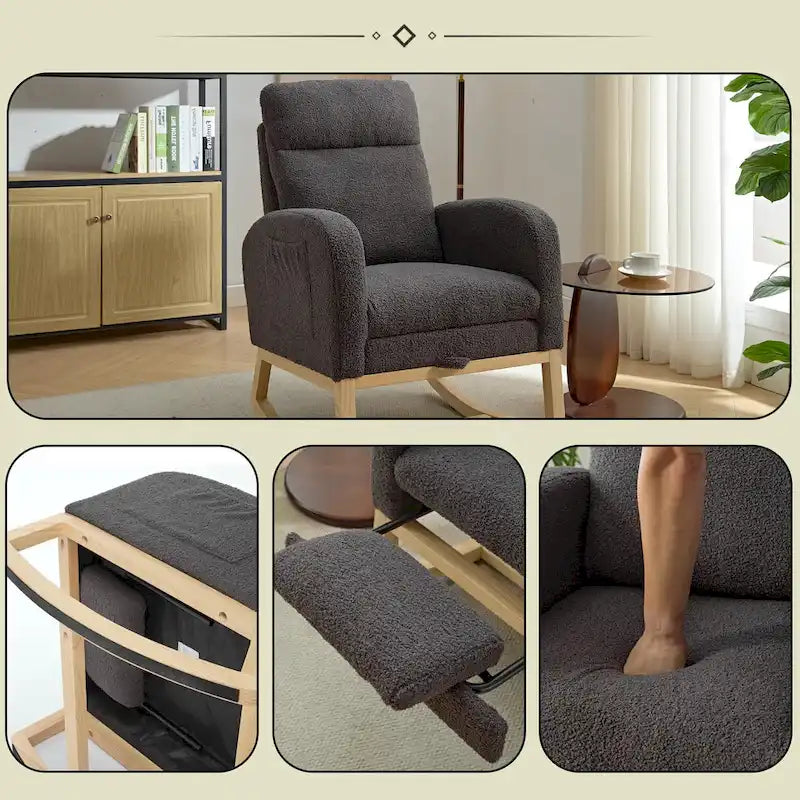 Poltrona a dondolo moderna con schienale alto da 75 cm, imbottita, con gambe in legno massello e poggiapiedi regolabile
