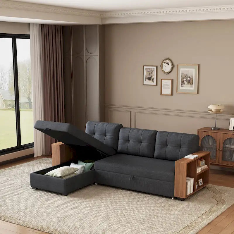 Divano Sezionale Convertibile con Letto Estraibile e Chaise Longue Contenitore Nascosto