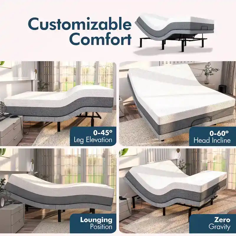 Telaio del letto regolabile con materasso in memory foam al gel di media durezza, doppio massaggio, porte USB, app, telecomando