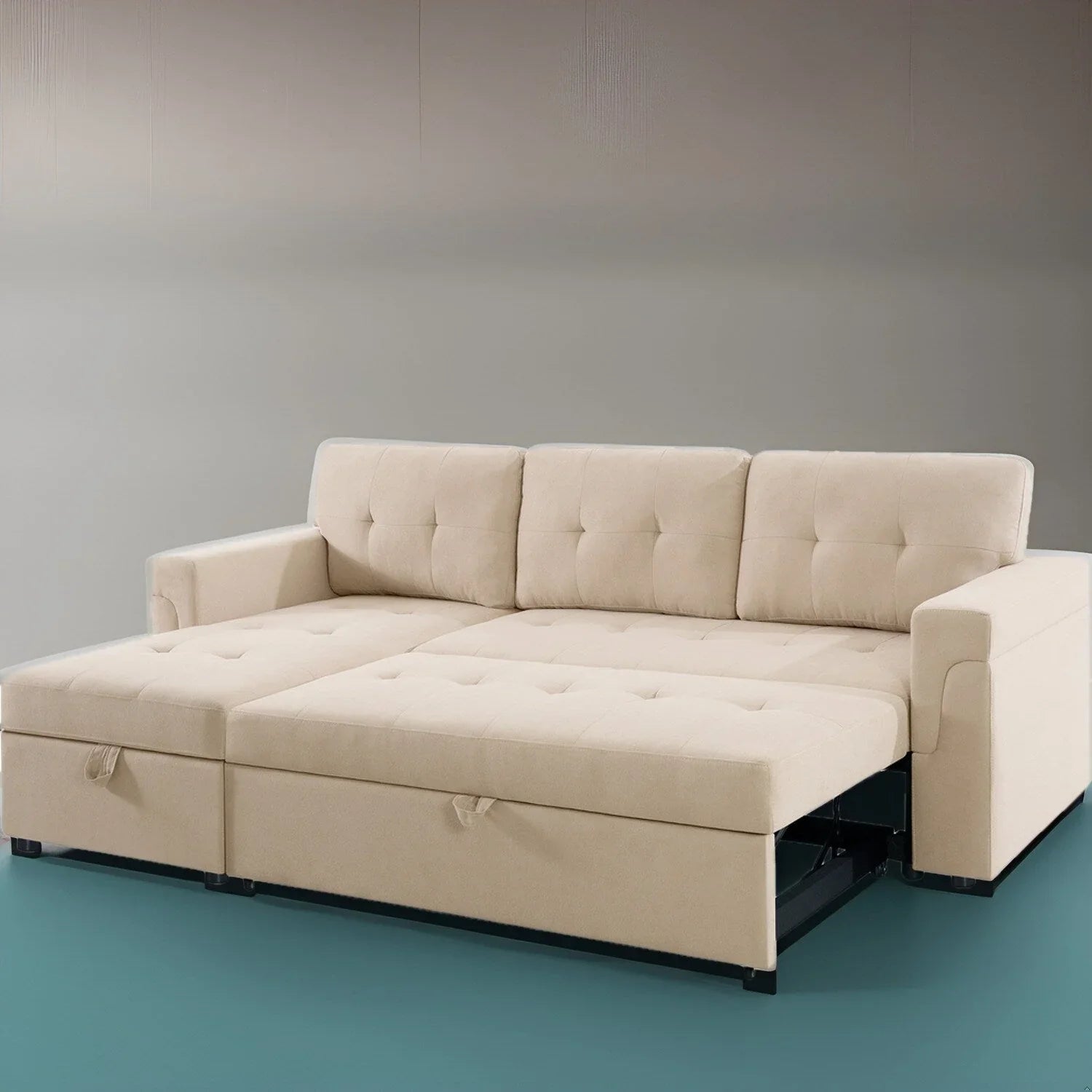Divano componibile convertibile reversibile con letto estraibile, chaise longue con contenitore nascosto e gambe durevoli