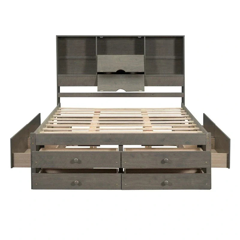 Letto a piattaforma King Size con testiera contenitore e 8 cassetti