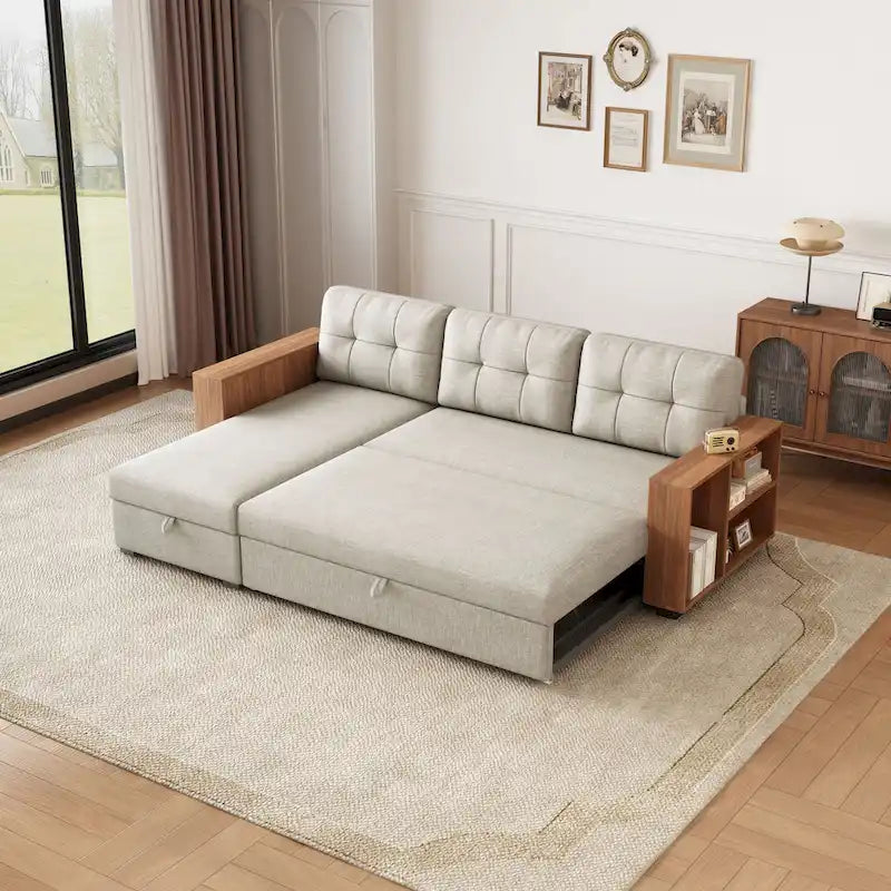 Divano Sezionale Convertibile con Letto Estraibile e Chaise Longue Contenitore Nascosto
