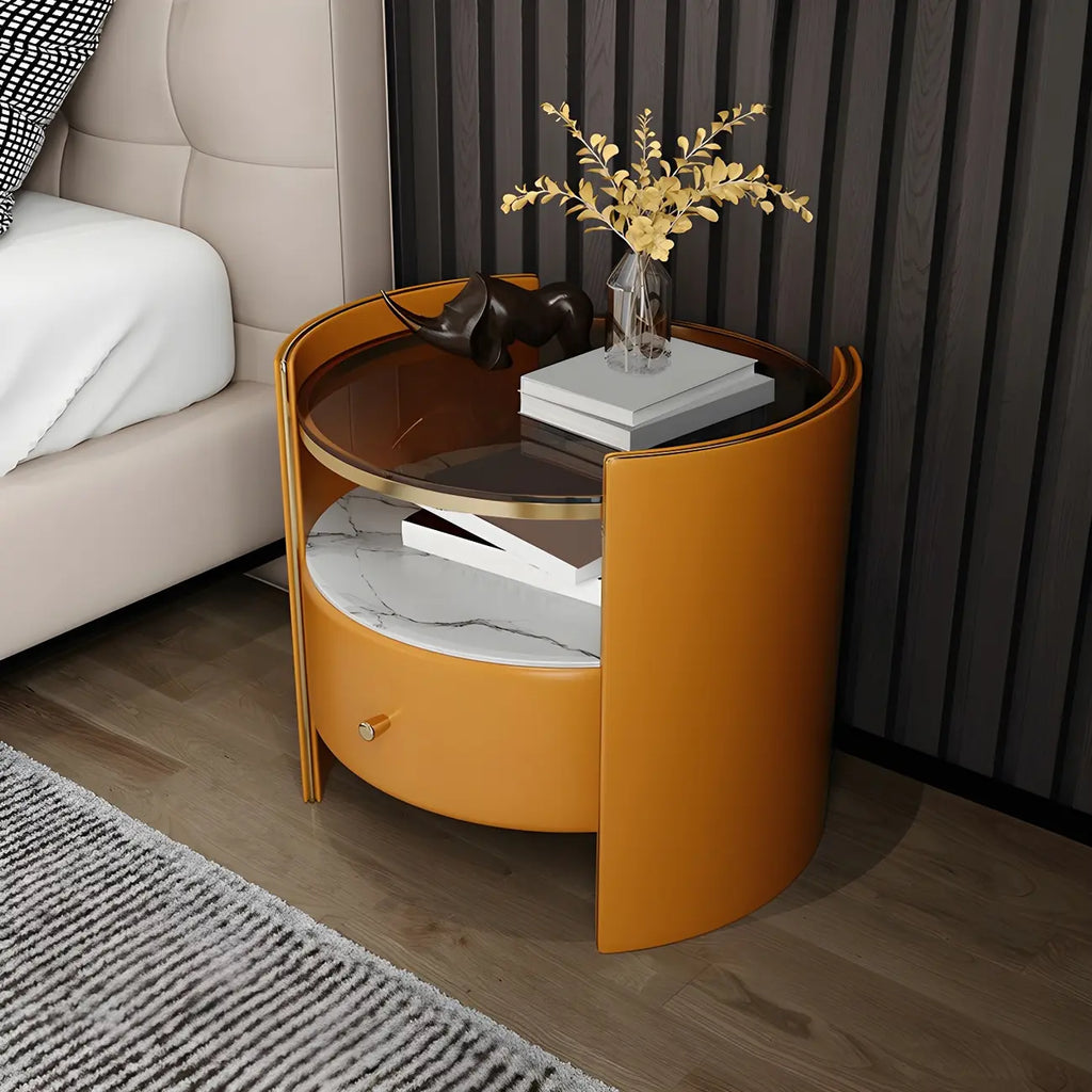 Comodino di Lusso con Piano in Vetro, Cassetto Contenitore e Vano Aperto