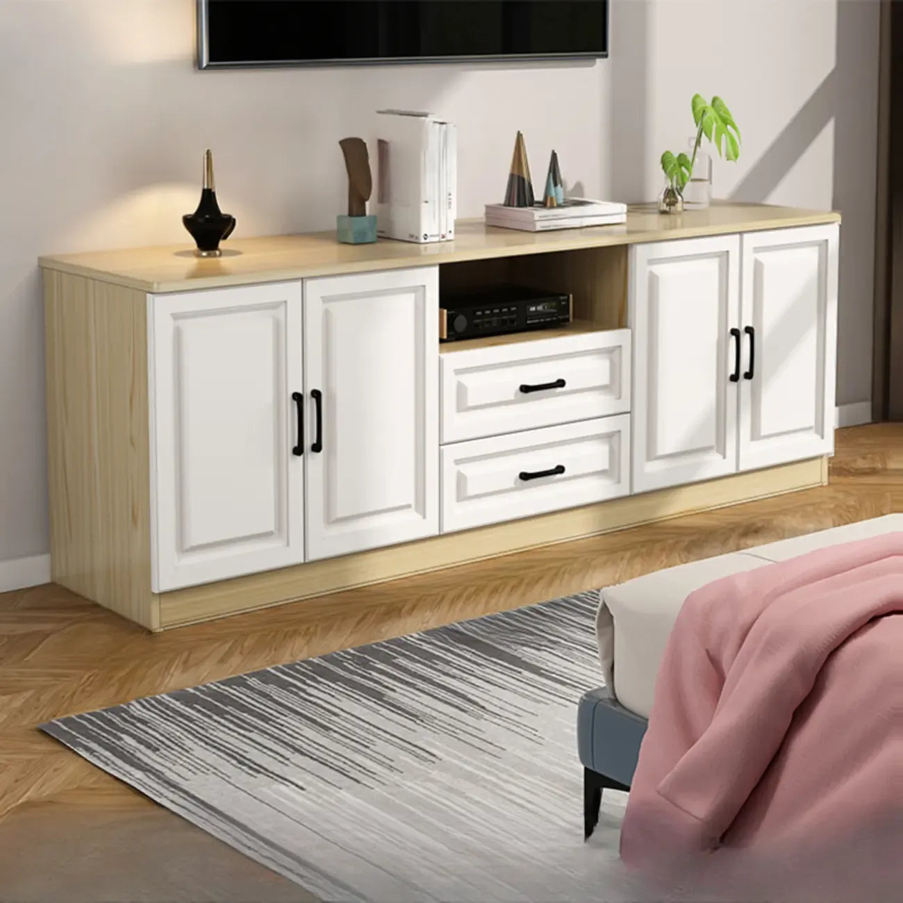 Mobile TV Moderno in Legno Bianco con Contenitore e Gestione Cavi