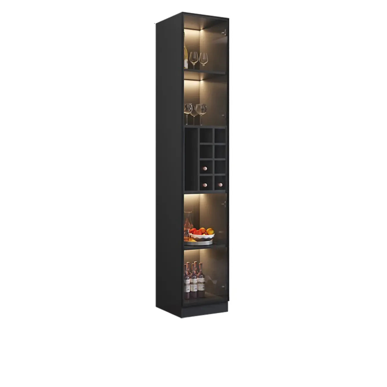 Mobile portabottiglie minimalista in legno nero con anta in vetro