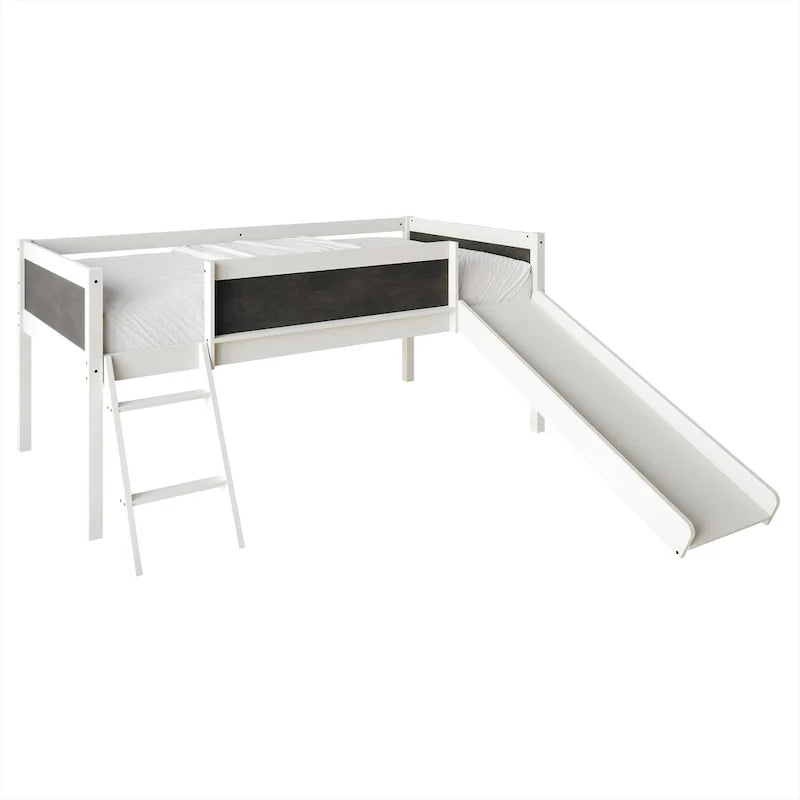 Letto a soppalco basso classico singolo CraftPorch con lavagna, scivolo e scaletta