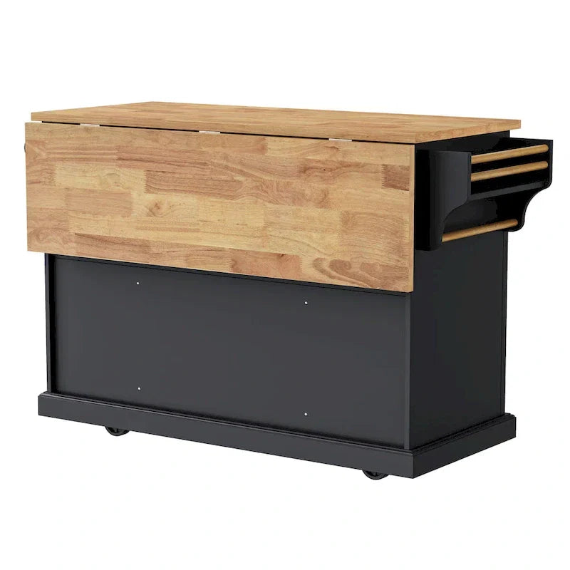 54 Grand îlot de cuisine avec plateau rabattable en bois d'hévéa, chariot de cuisine roulant à texture gaufrée sur 4 roues avec 4 portes et 3 tiroirs